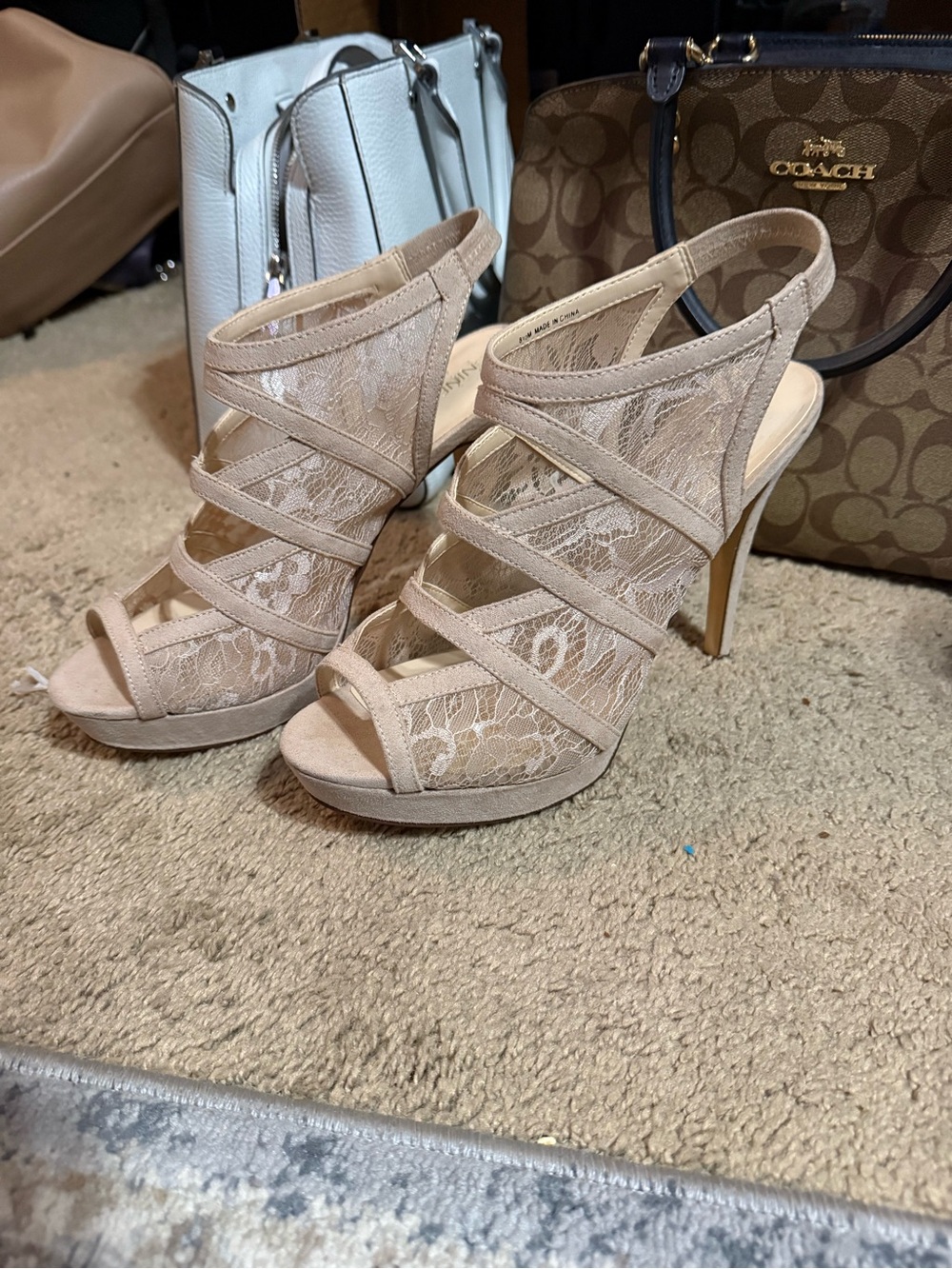 Nine West Beige Lace Strappy High Heel Sandals